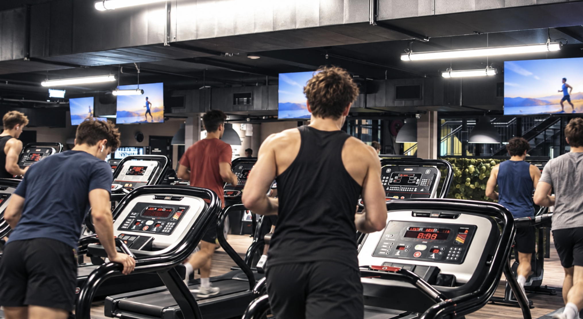 Unge mænd træner på løbebånd i et PureGym-center med store skærme monteret over gulvet.